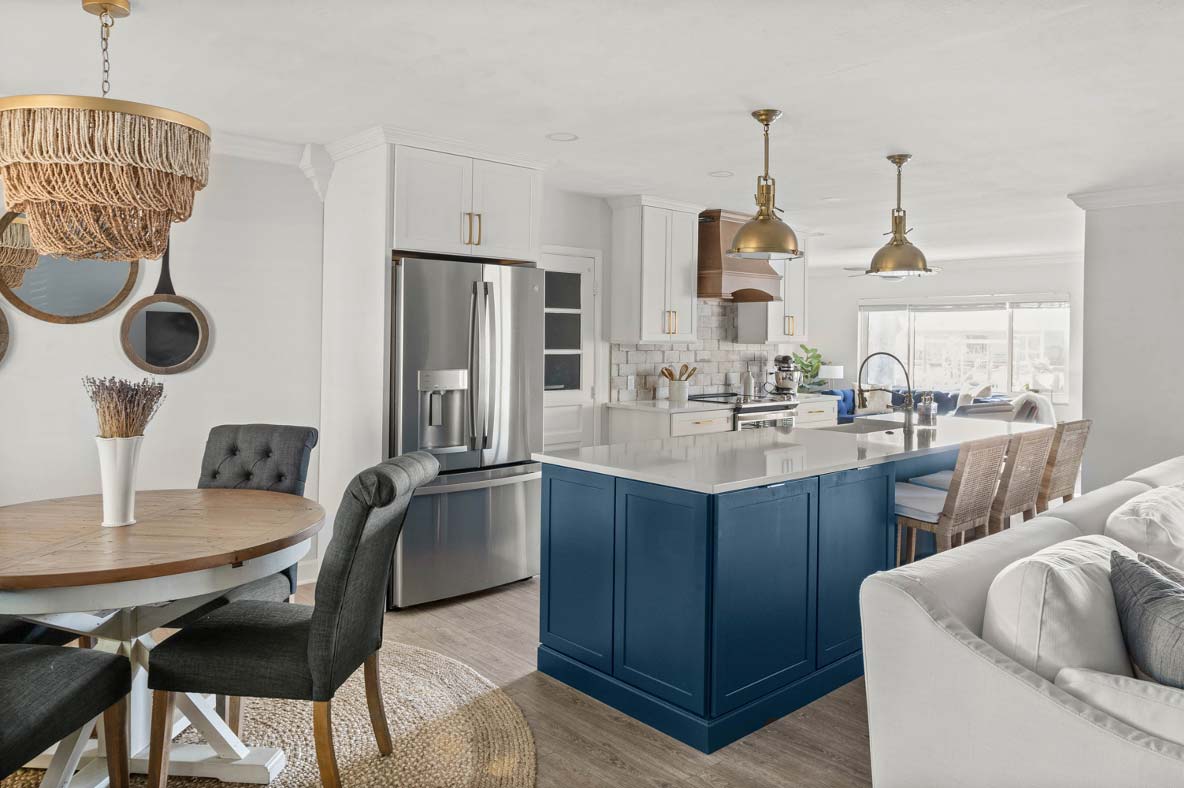 blue and gold open concept kitchen in tampa,fl