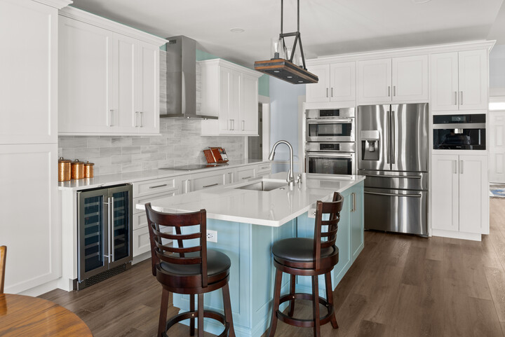 blue kitchen island, home remodel in tampa florida