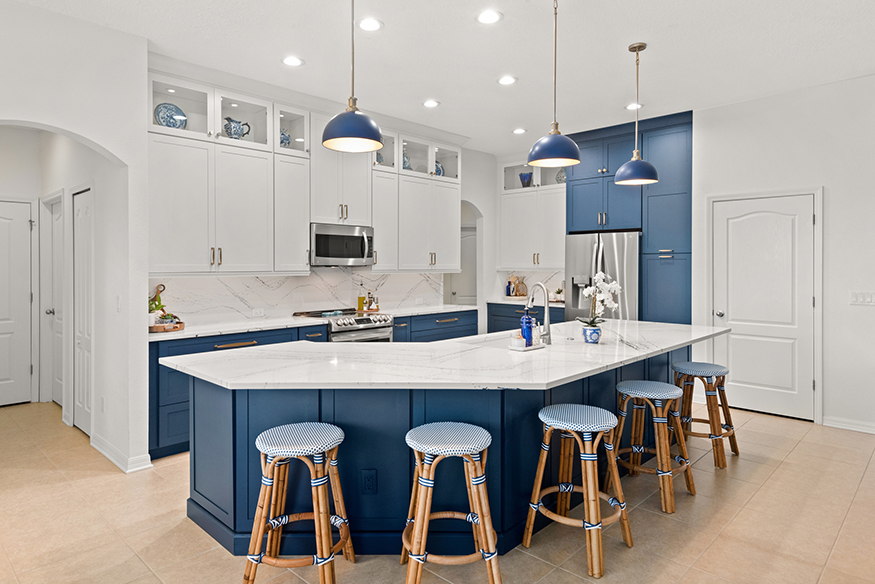 blue kitchen island, blue cabinets, kitchen remodel