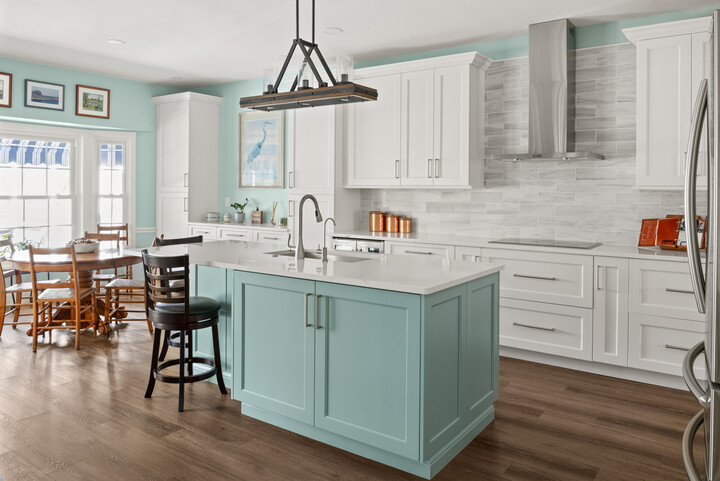 blue kitchen island with white cabinets in tampa fl 