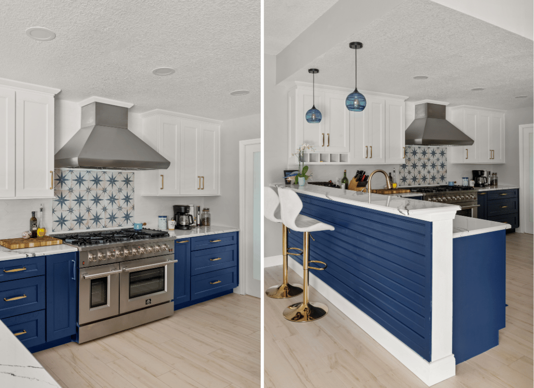 playful coastal kitchen with blue cabinetry in melbourne florida 