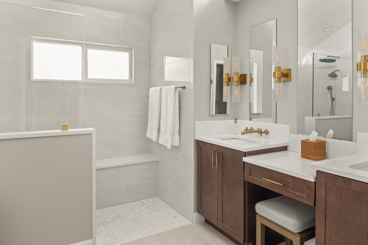 transitional bathroom in white and wood
