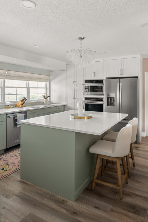 custom cabinets and sage green kitchen