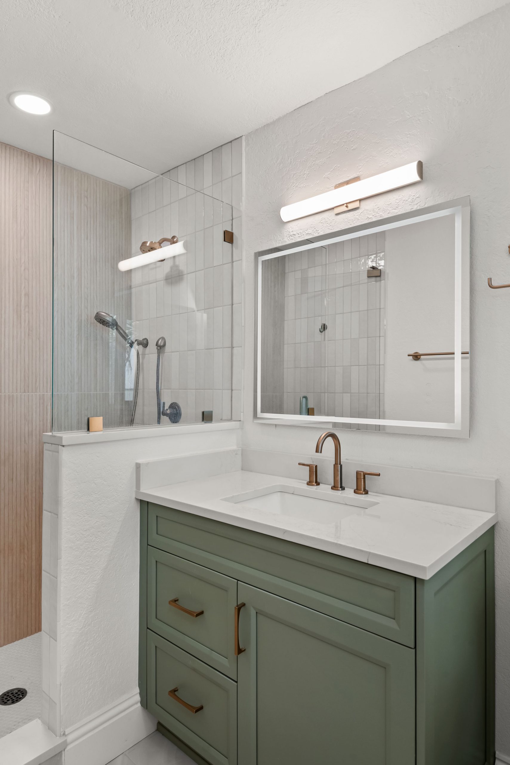 Gulf Way Tampa bath remodel green vanity mirrors and lighting