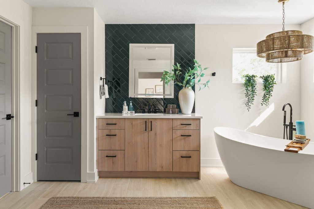 Sheriden Ave Tampa Bath remodel Dual vanities with warm natural wood cabinetry
